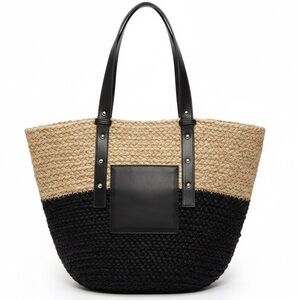 Time & Tru NWOT Black and Tan Jute Tote Bag Thick Woven Heavy Duty Solid Large